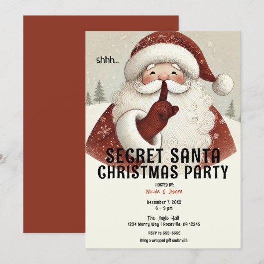 Invitation Fête de Noël Secrète Santa Rustique et Fantaisiste (Devant / Derrière)