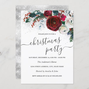 Invitation Fête de Noël Shimmer White Silver Red Floral 