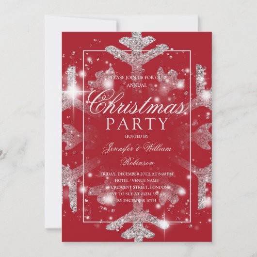 Invitation Fête de Noël Silver Red Snowflake (Devant)