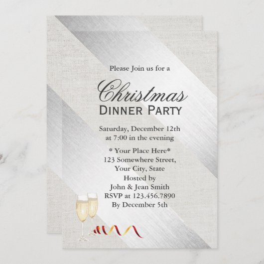 Invitation Fête de Noël Silver Stripes Classic Linen (Devant / Derrière)