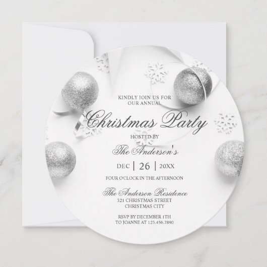 Invitation Fête de Noël simple Elagant blanc et argent (Devant)