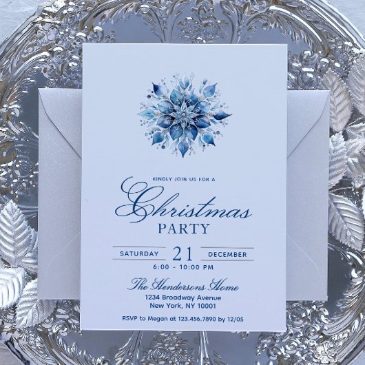 Invitation Fête de Noël Simple et Élégante Blue Snowflake