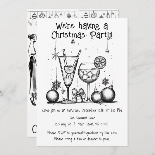 Invitation Fête de Noël simple noir et blanc (Devant / Derrière)