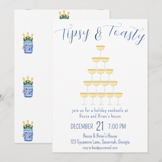 Invitation Fête de Noël Tipsy & Toasty Bubbly Verre (Devant / Derrière)