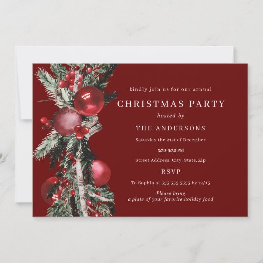 Invitation Fête de Noël traditionnelle aux feuillages rouges (Devant)