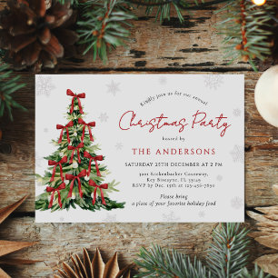 Invitation Fête de Noël traditionnelle de l'arbre au ruban ro