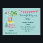 Invitation Fête de Noël tropicale Flamant rose rose<br><div class="desc">Une invitation à la fête de Noël sur le thème des îles tropicales. Avec une jolie illustration d'un flamant rose dans un chapeau de santa rouge. À côté d'un palmier vert sur un monticule de sable jaune. Un design d'arbre de Noël tourbillonnant et soigné se trouve à côté du texte...</div>