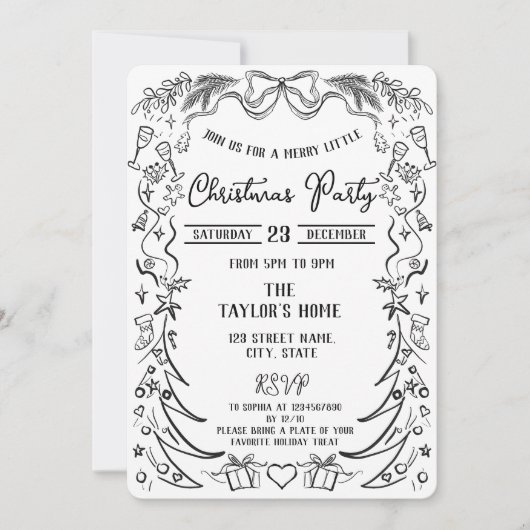 Invitation Fête de Noël unique main Whimsical tiré Bow (Devant)