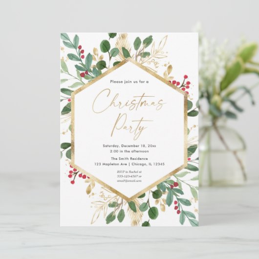 Invitation Fête de Noël verdure or rouge saint élégant (Debout devant)