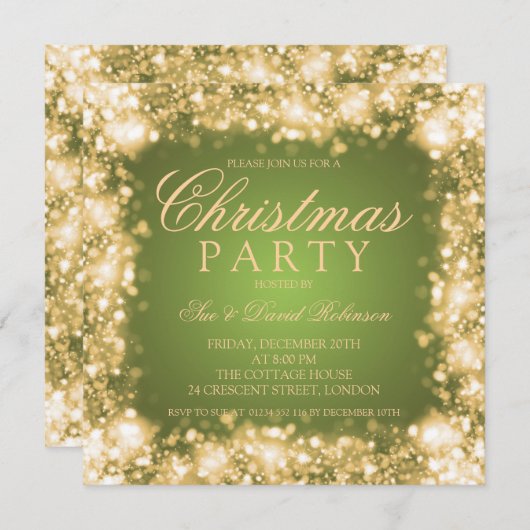 Invitation Fête de Noël Vert Or Éclairage (Devant / Derrière)
