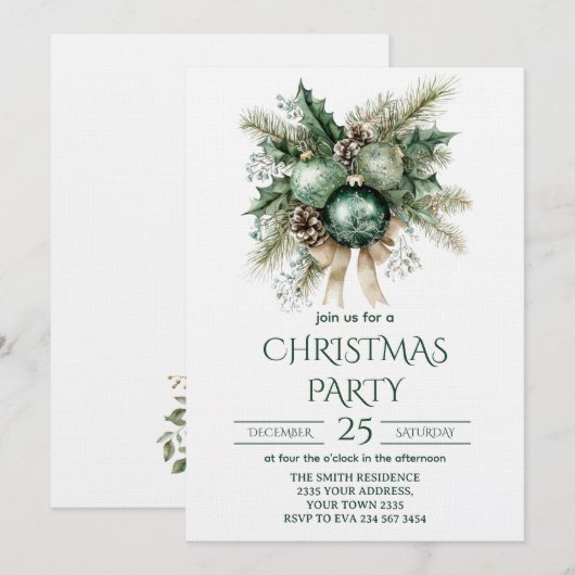 Invitation Fête de Noël verte et or (Devant / Derrière)