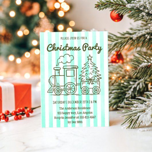 Invitation Fête de Noël verte menthe avec train et arbre     
