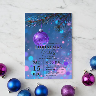 Invitation Fête de Noël Vibrante Bleu Violet Boule Bokeh