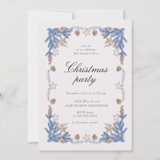 Invitation Fête de Noël Vintage bleu doré (Devant)