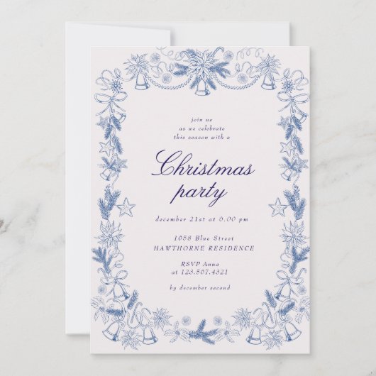 Invitation Fête de Noël Vintage bleu doré (Devant)