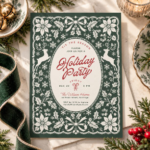 Invitation Fête de Noël Vintage Green Folk Art Renne