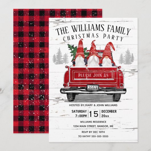 Invitation Fête de Noël vintage Red Truck Gnome (Devant / Derrière)