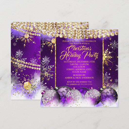 Invitation Fête de Noël violet ornement doré Neige (Devant / Derrière)