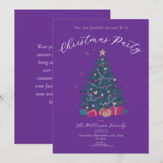 Invitation Fête de Noël Violet Royale Arbre Rustique (Devant / Derrière)