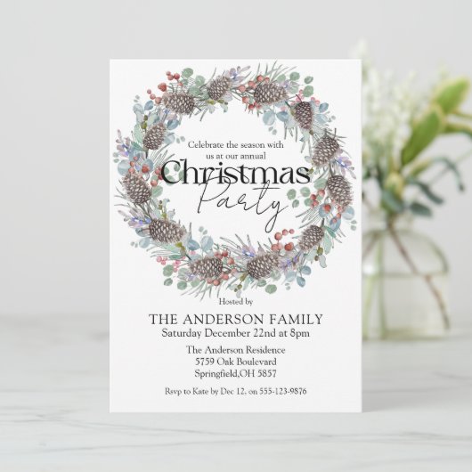 Invitation Fête de Noël Watercolor Wreath Botanique (Debout devant)