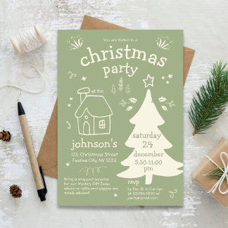 Invitation Fête de Noël Whimsical avec arbre et chalet