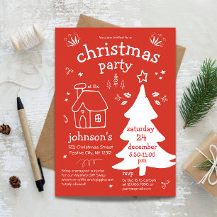 Invitation Fête de Noël Whimsical avec arbre et chalet dans