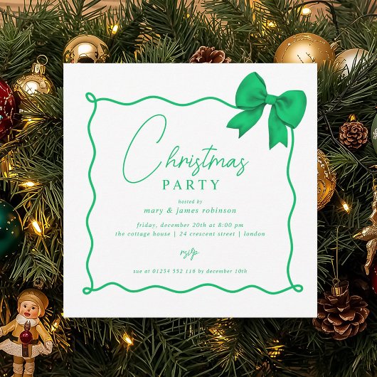 Invitation Fête de Noël Whimsical Green Bow