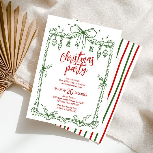 Invitation Fête de Noël Whimsical Green et Red Hand Drawn