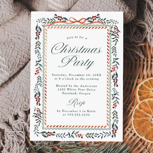 Invitation Fête de Noël Whimsical Red Ribbon and Greenery