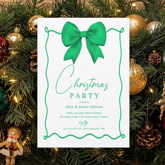Invitation Fête de Noël Whimssical Green Bow