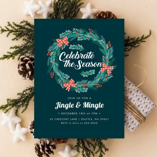 Invitation Fête de Noël Wreath Red En vichy