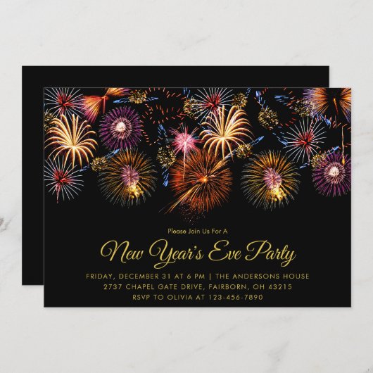 Invitation Fête de Nouvel An avec Feux d'Artifice (Devant / Derrière)