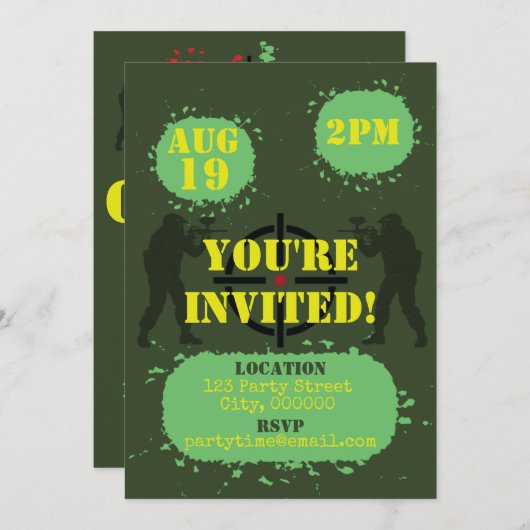 Invitation Fête de paintball vert armée (Devant / Derrière)