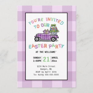 Invitation Fête de Pâques camion vintage à carreaux violets