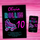Invitation Fête de patinage à rouleaux Filles Neon Glow Anniv