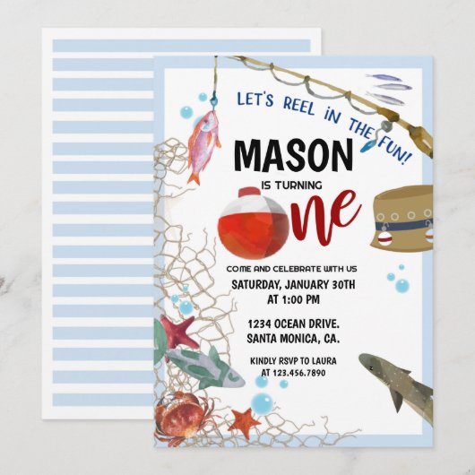 Invitation Fête de pêche, Premier anniversaire, CARTON D'INVI (Devant / Derrière)