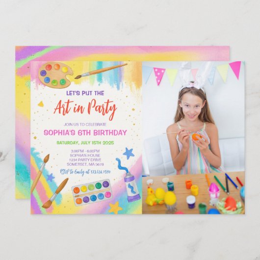 Invitation Fête de peinture Art Editable Fête Anniversaire Ph (Devant / Derrière)