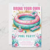 Invitation Fête de piscine à apporter Rose Paillettes de turq (Devant)