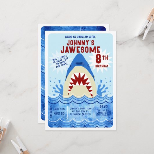 Invitation Fête de piscine aux requins (Devant/Arrière en situation)