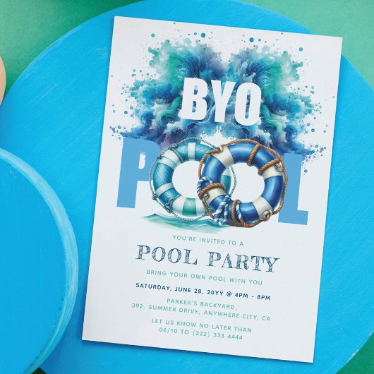 Invitation Fête de Piscine BYO Splash d'Eau Turquoise Bleu