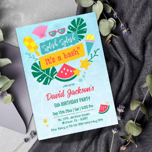 Invitation Fête de piscine de plage tropicale enfant 5e anniv