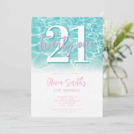 Invitation Fête de piscine d'été moderne 21e anniversaire (Debout devant)