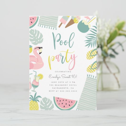 Invitation Fête de piscine d'été moderne Script Sweet 16 Anni (Debout devant)