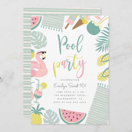 Invitation Fête de piscine d'été moderne Script Sweet 16 Anni (Devant / Derrière)
