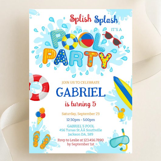 Invitation Fête de Piscine Enfants Splash Splash Eté Plage An
