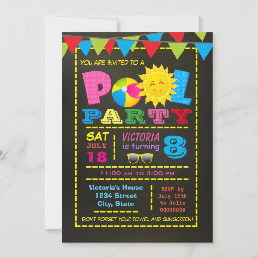 Invitation Fête de piscine Fun Pool Festive Pool Fête Anniver (Devant)