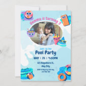 Invitation Fête de piscine gonflable bleu et rose Anniversair (Devant)