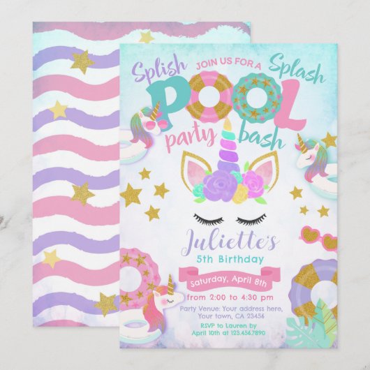 Invitation Fête de Piscine Licorne (Devant / Derrière)