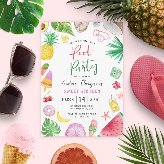 Invitation Fête de piscine moderne Summer Sweet 16 Anniversai