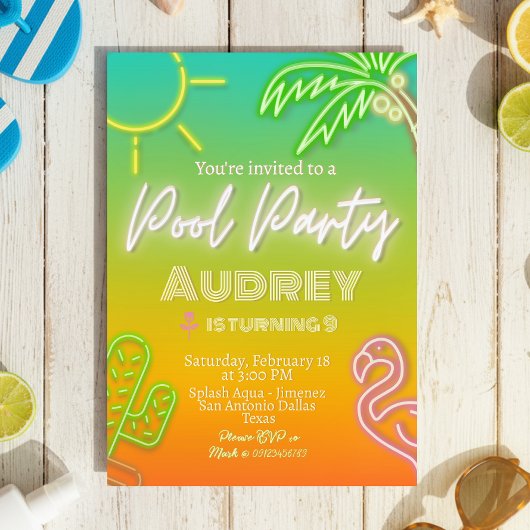 Invitation Fête de Piscine Néon Tropical